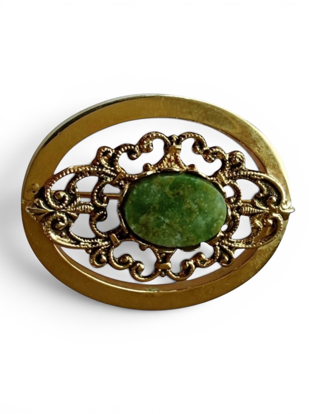 Vtg Gold‑Tone Filigree Brooch, Green Nephrite Jade-Look Cabochon Mid-Century Pin - Picture 7 of 14